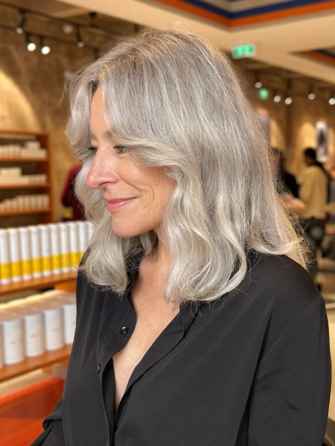 Blow-Dried Wavy Silver Frost Lob with Balanced Volume