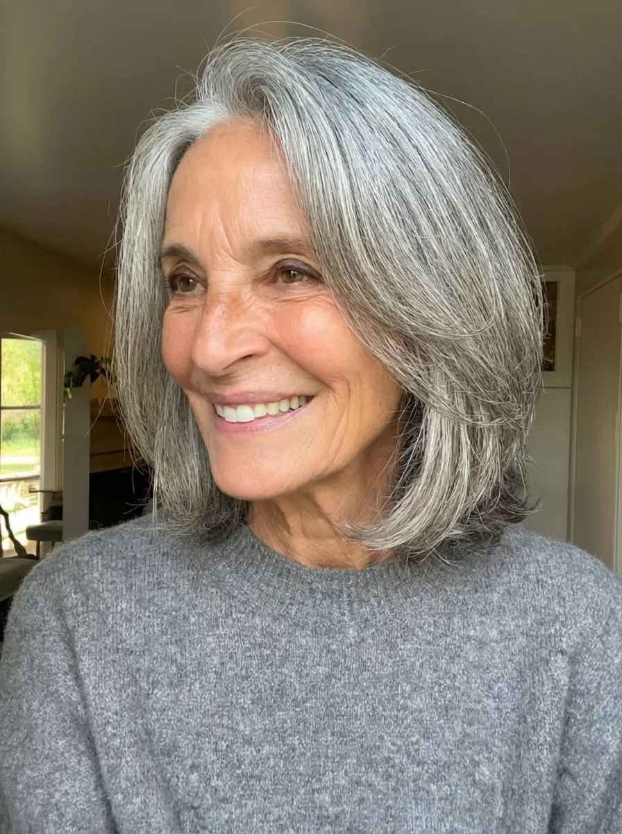 Straight Shoulder-Length Lob Blending Silver and Natural Grey