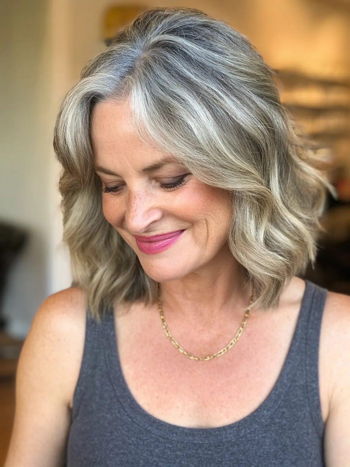 Silver Frost Wavy Lob with Natural Lowlights on Heart Face