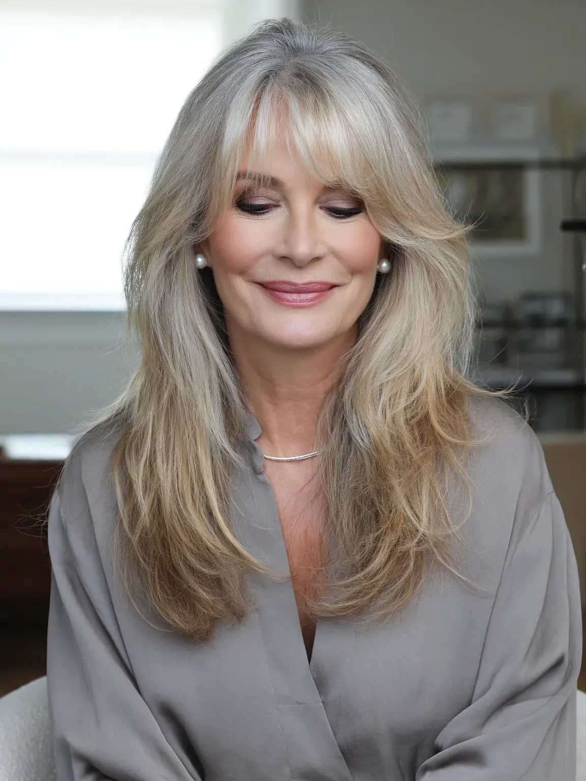 Medium-Volume Straight Silver Frost Layers with Curtain Bangs