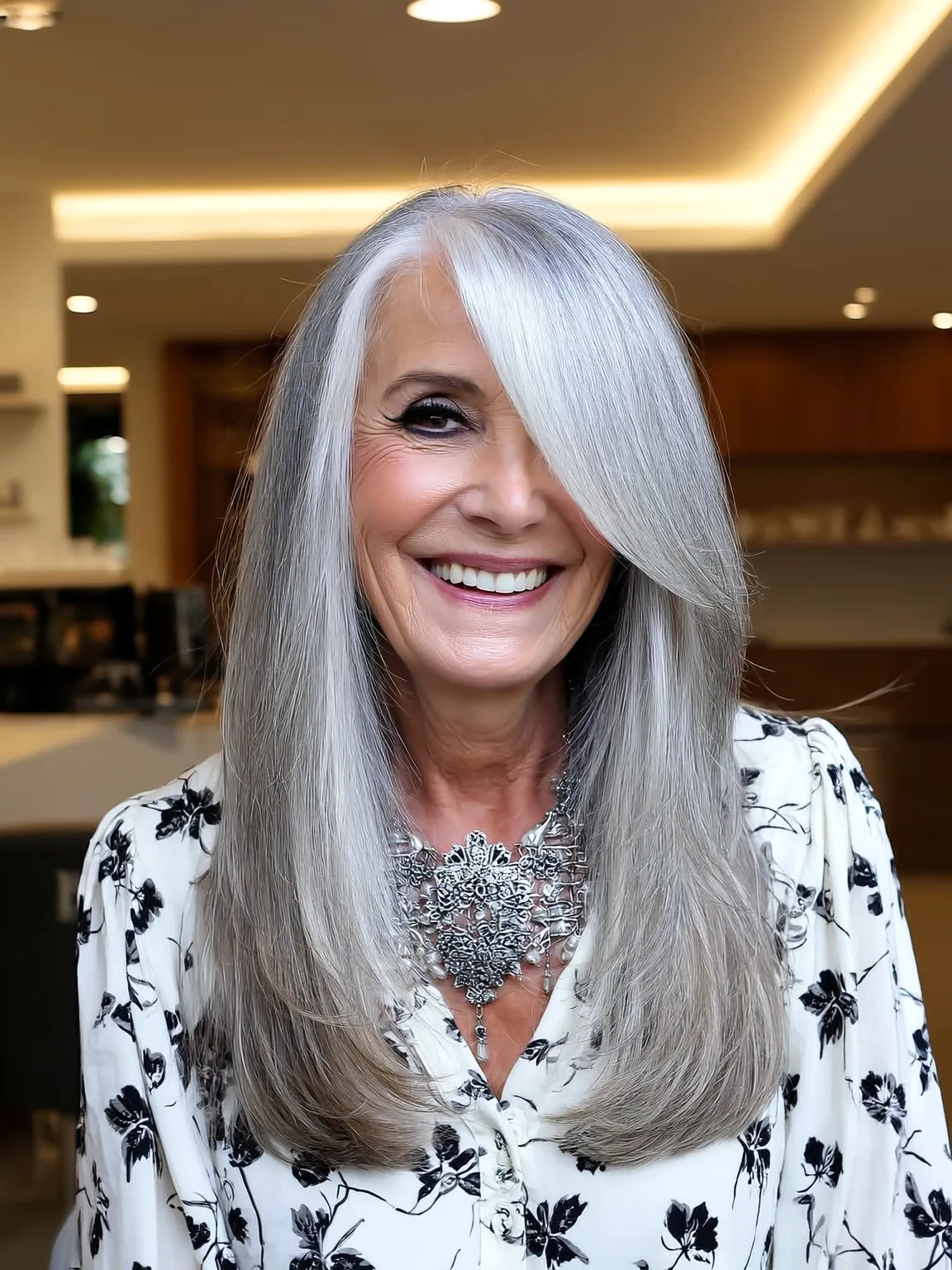 Sleek Silver Frost Layers with Side-Swept Bangs