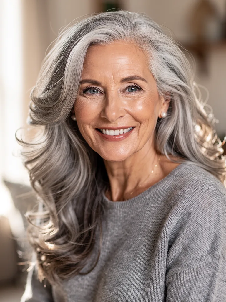 Voluminous Wavy Silver Frost Layers Without Bangs