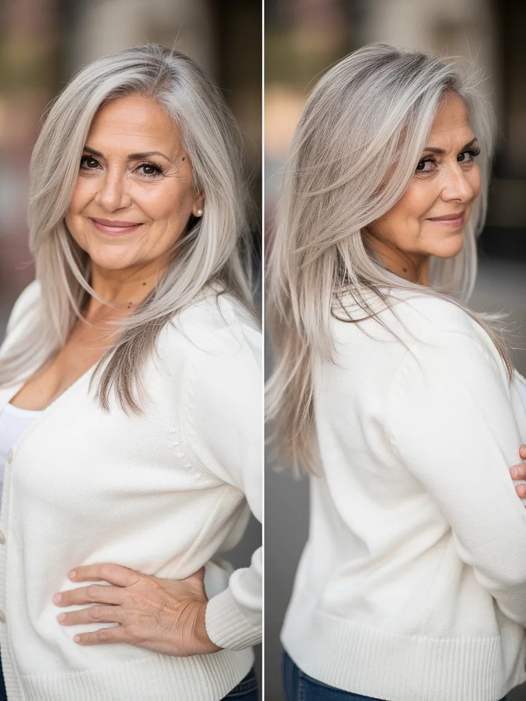 Side-Swept Bangs on Straight Silver Frost Layers