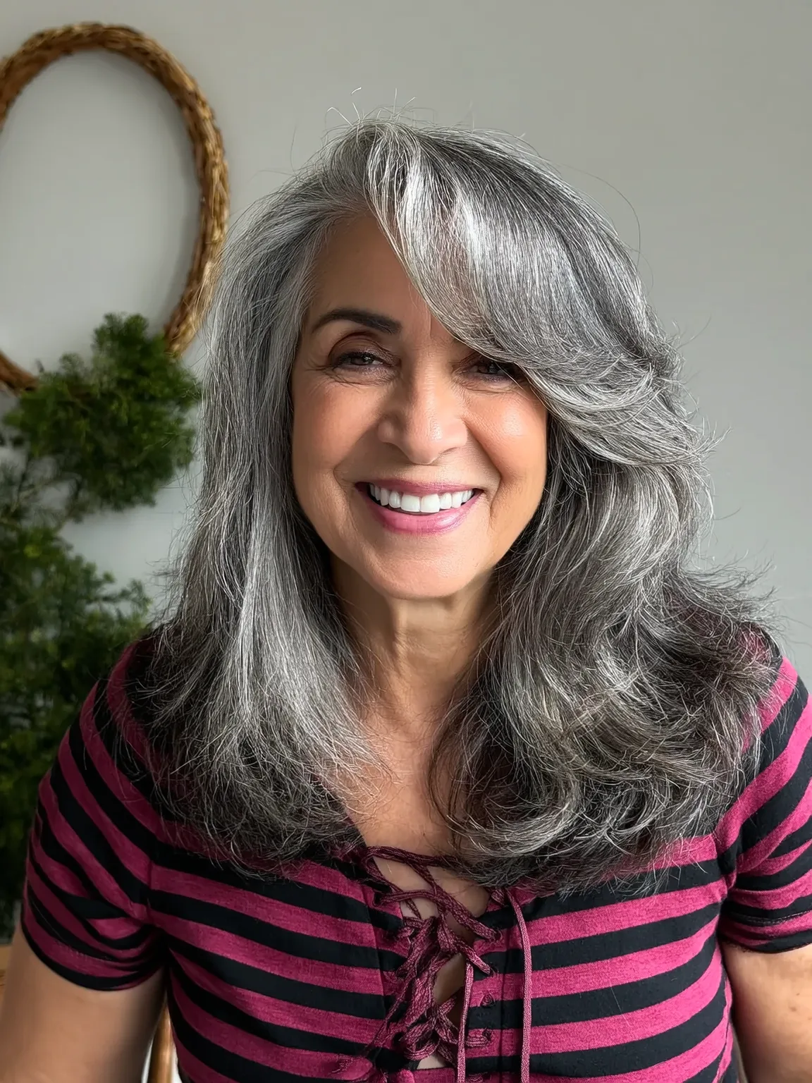 Voluminous Wavy Layers with Natural Dark Lowlights and Side Bangs