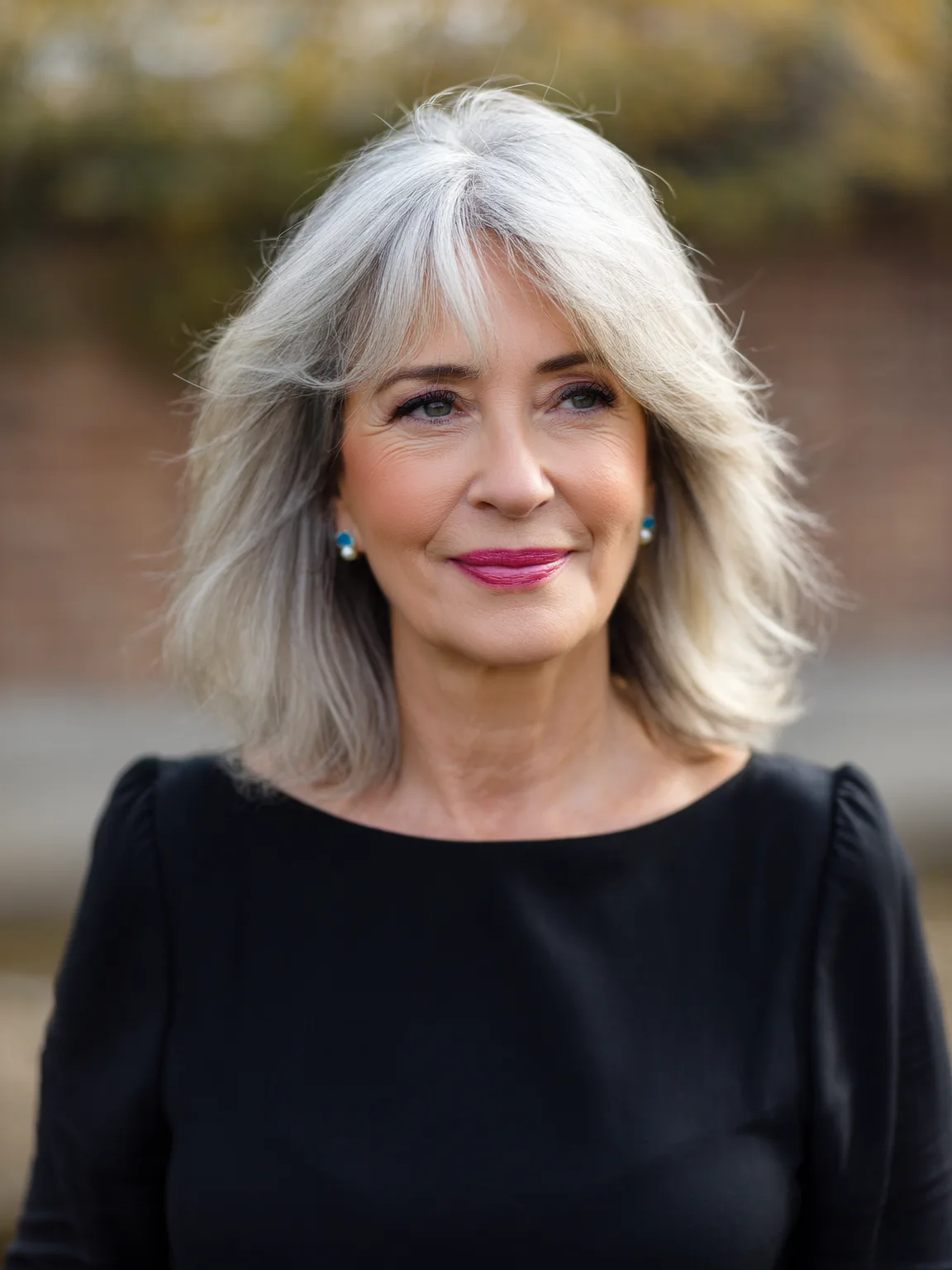 Voluminous Wavy Layered Silver-Gray Cut with Side-Swept Bangs