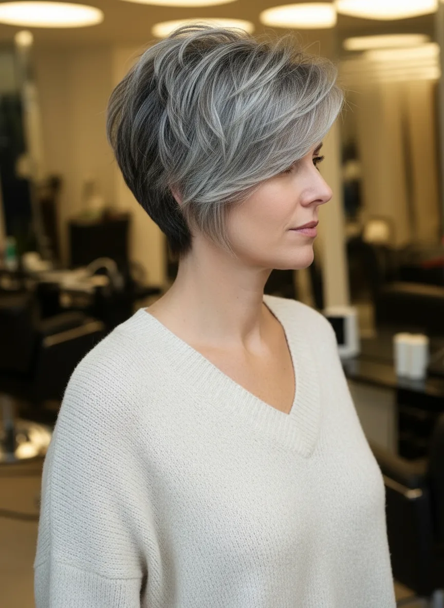 Classic Silver Frost Pixie with Elegant Side Bangs
