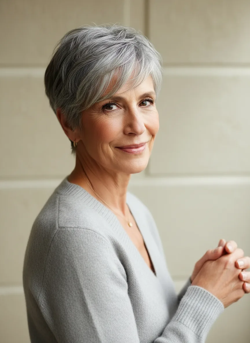 Sleek Silver Frost Pixie with Side-Swept Bangs