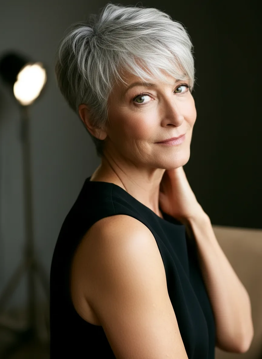 Straight Silver Frost Pixie with Side-Swept Fringe