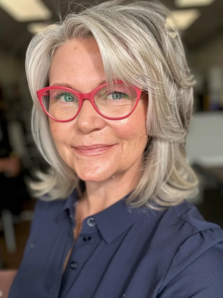Wavy Layered Hair with Side-Swept Bangs and Natural Highlights