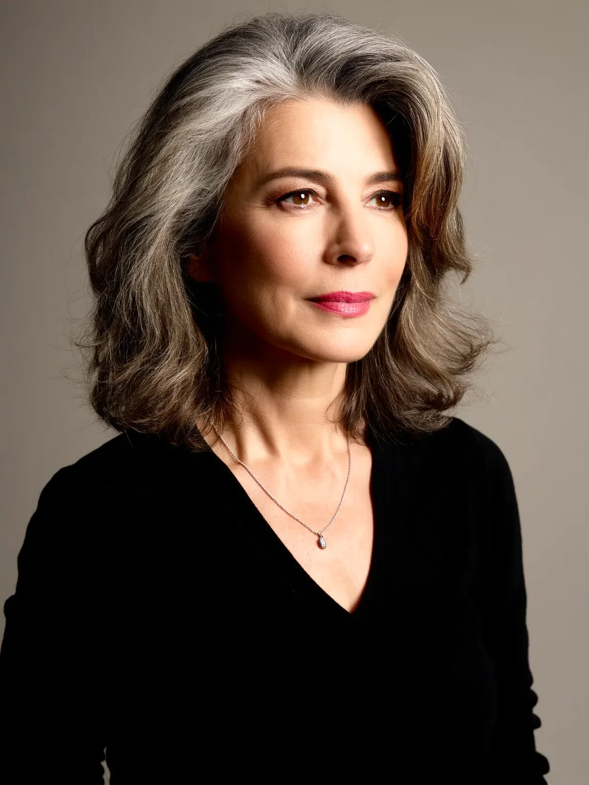Voluminous Shoulder-Length Silver Frost Layers with Dark Undertones