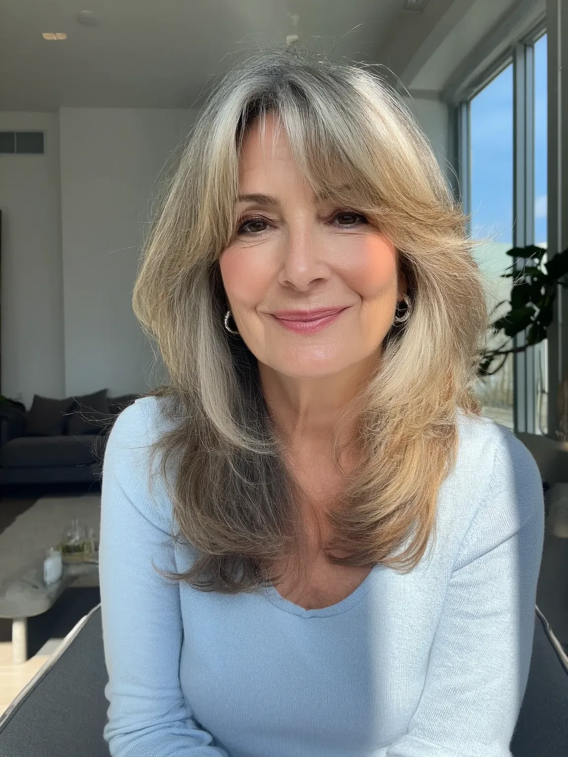 Oval-Framed Wavy Silver Layers with Curtain Bangs