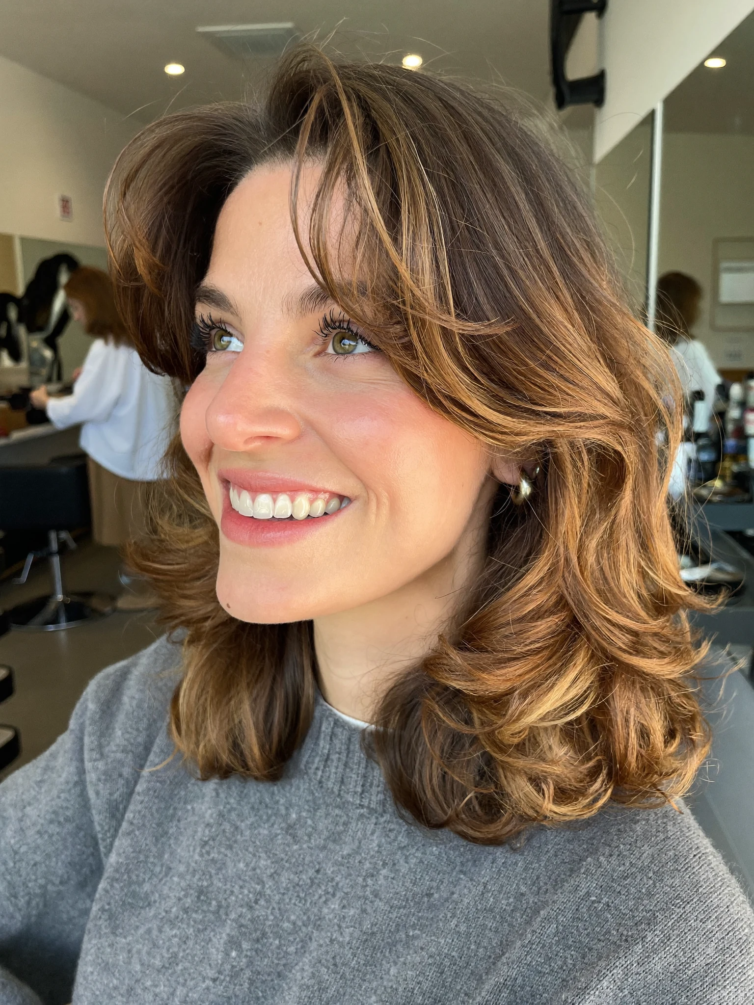 Shoulder-Length Highlights on Dark Lob with Curtain Bangs