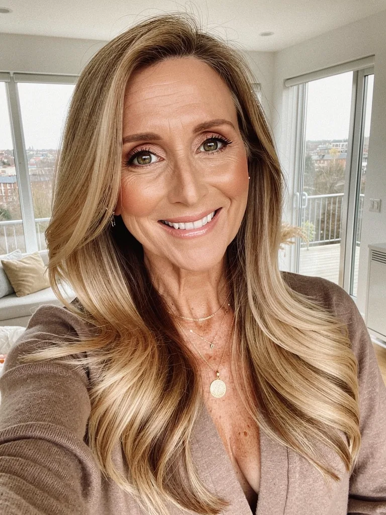 Long Honey Blonde Balayage Layers with Side-Swept Bangs