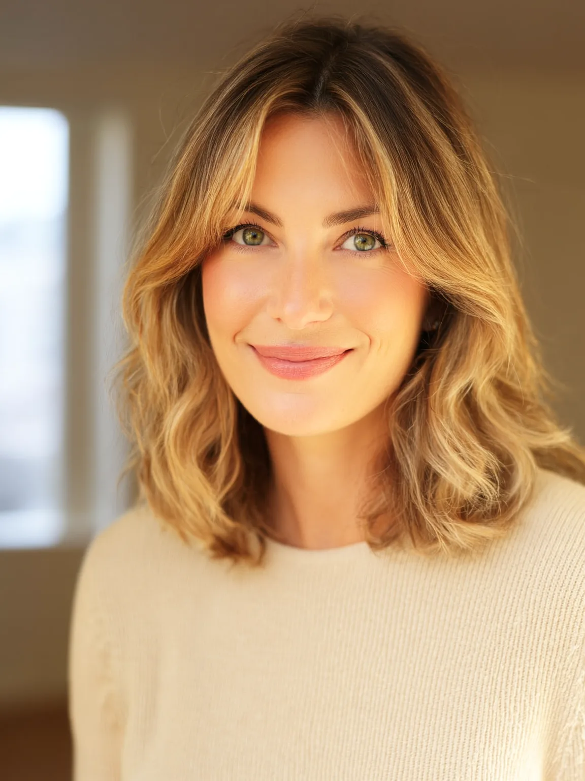 Sandy Blonde Wavy Lob with Curtain Bangs