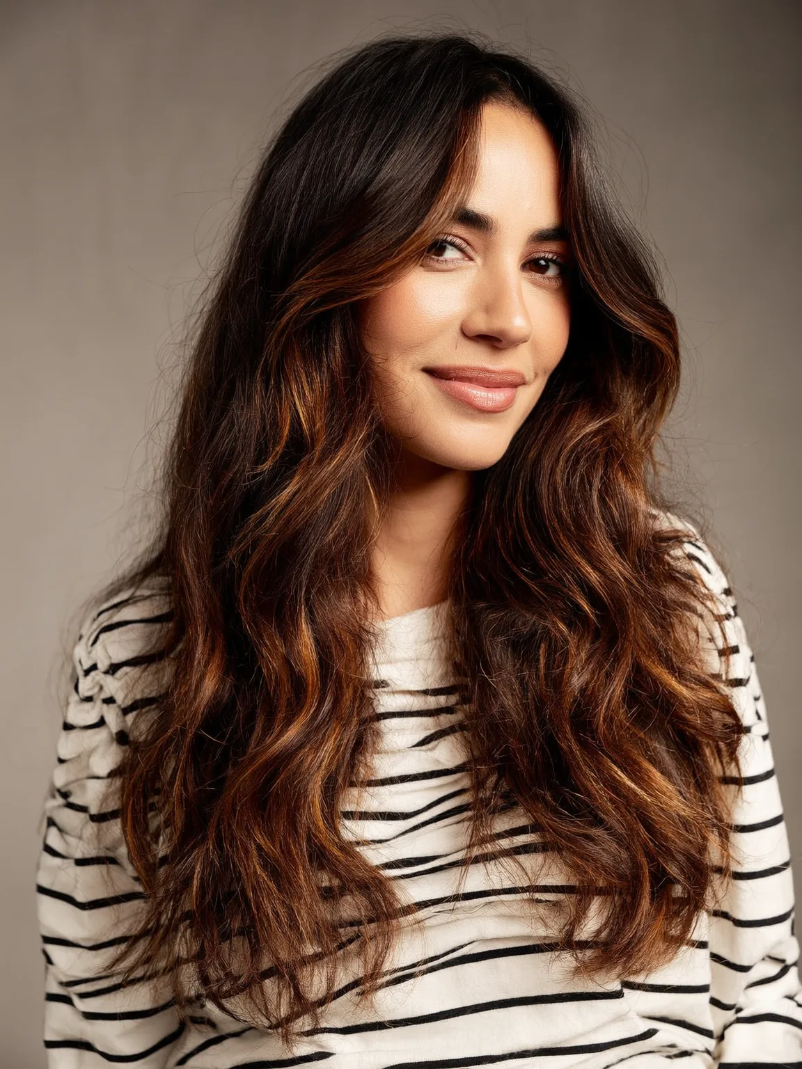 Long Voluminous Wavy Layers with Chocolate Brown and Caramel Highlights
