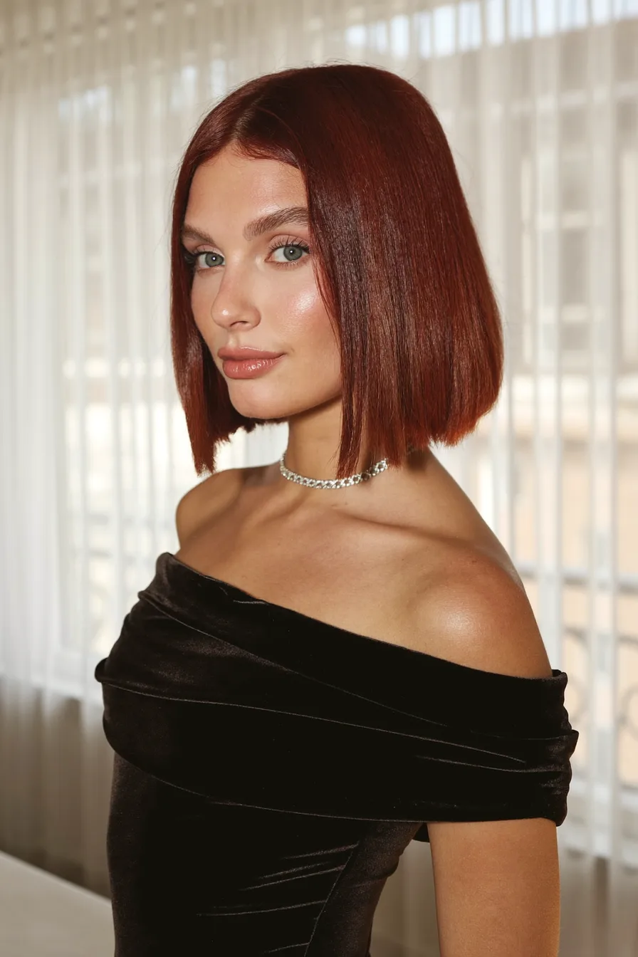 Eye-Catching Straight Blunt Bob with a Deep Red Hue