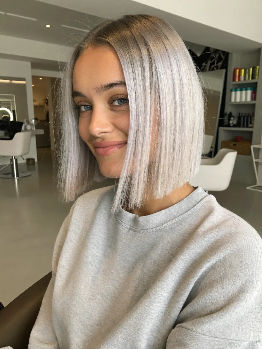 Sleek Platinum Straight Blunt Bob With Subtle Root Shadow