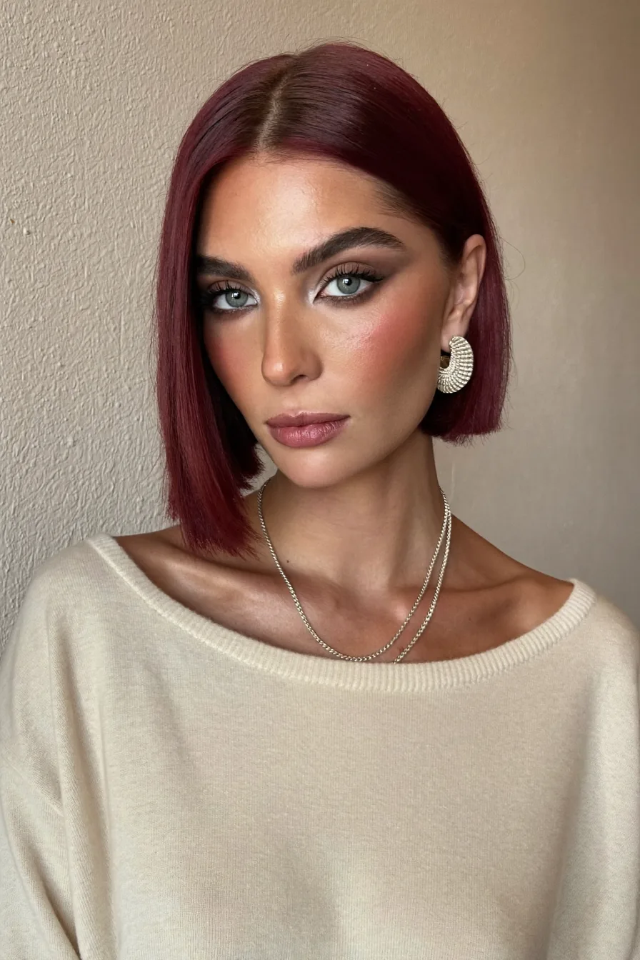 Sleek Deep Red Straight Blunt Bob for Striking Contrast