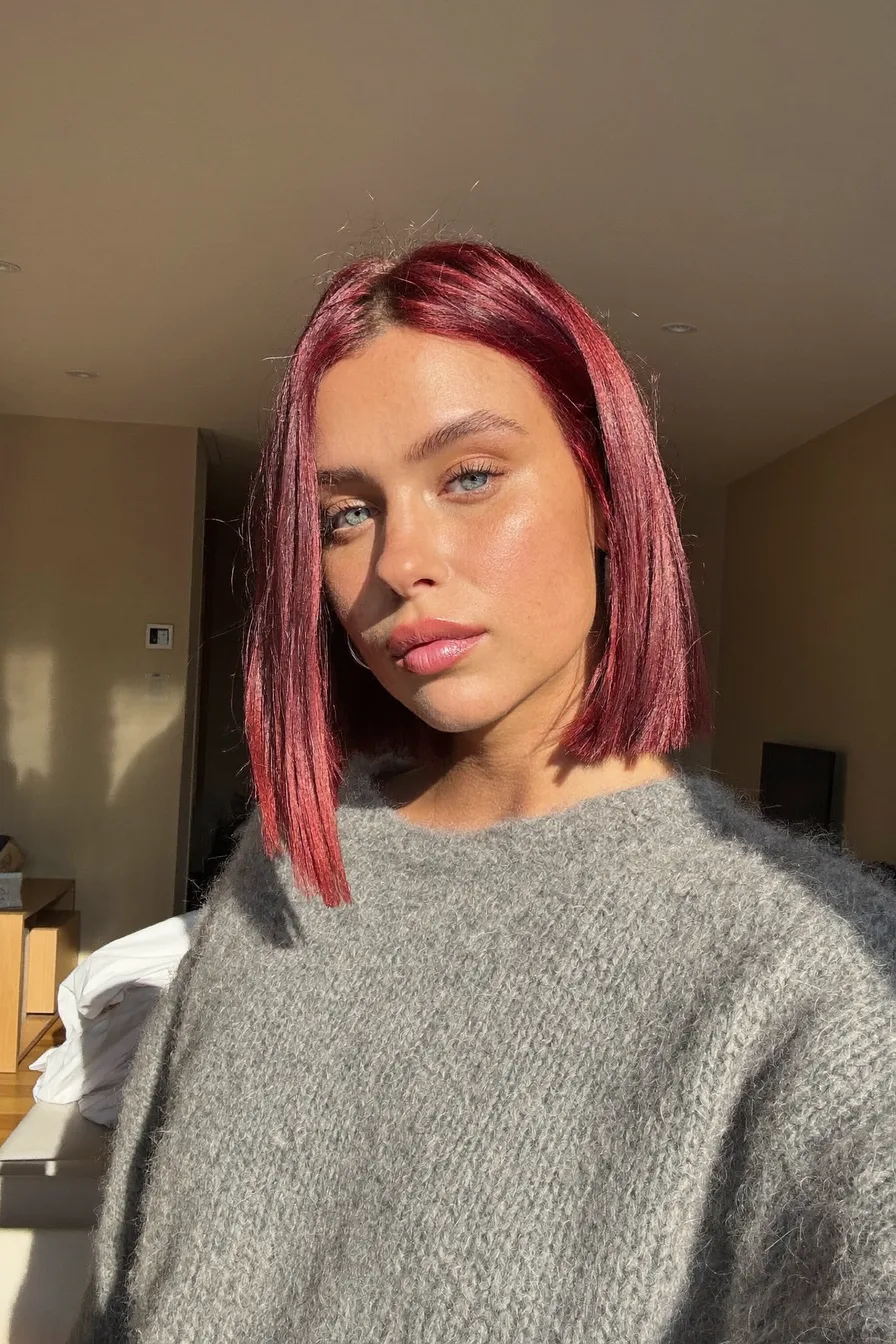 Glossy Straight Bob Haircut with Vivid Red Color