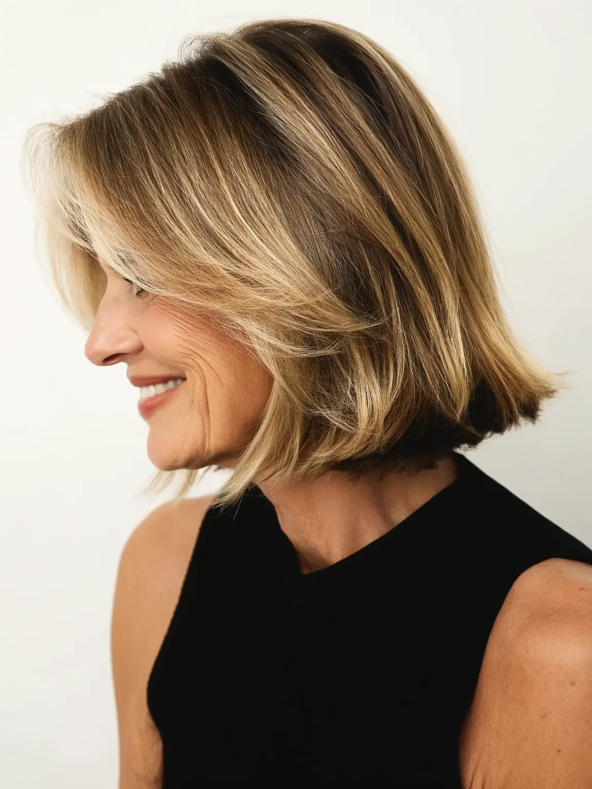 Sandy Blonde Highlights on Chin-Length Bob with Side Bangs