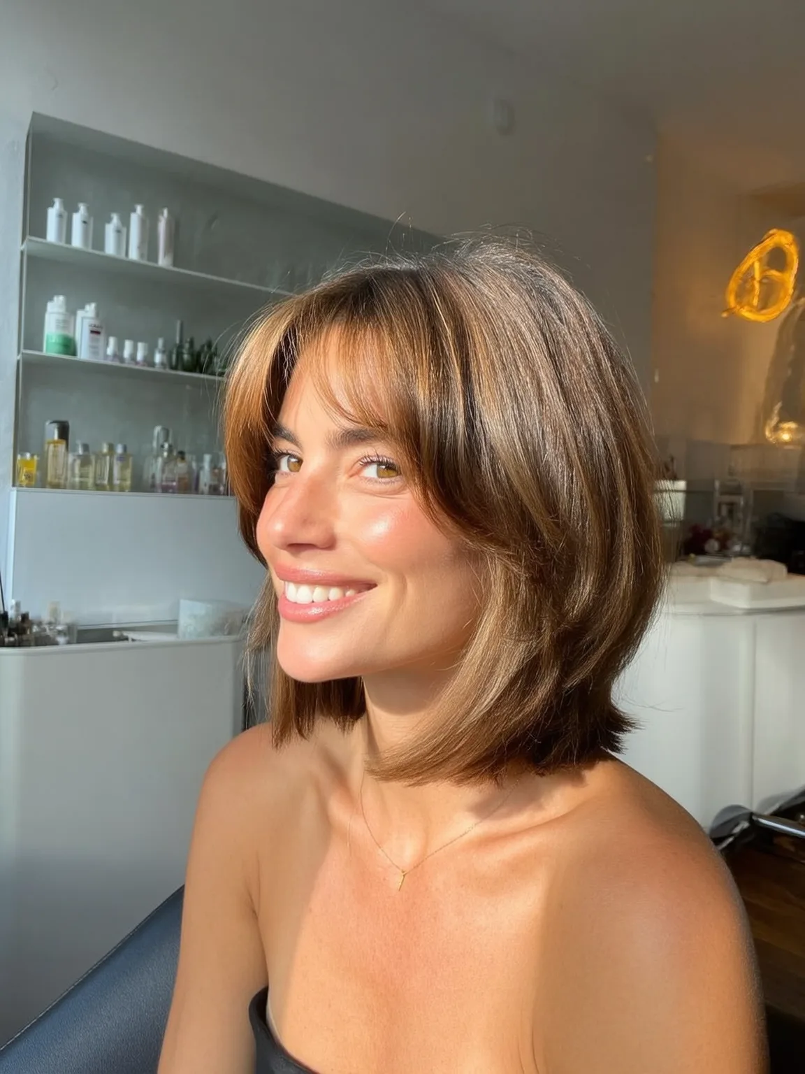Soft Brown Chin-Length Bob with Subtle Highlights and Curtain Bangs