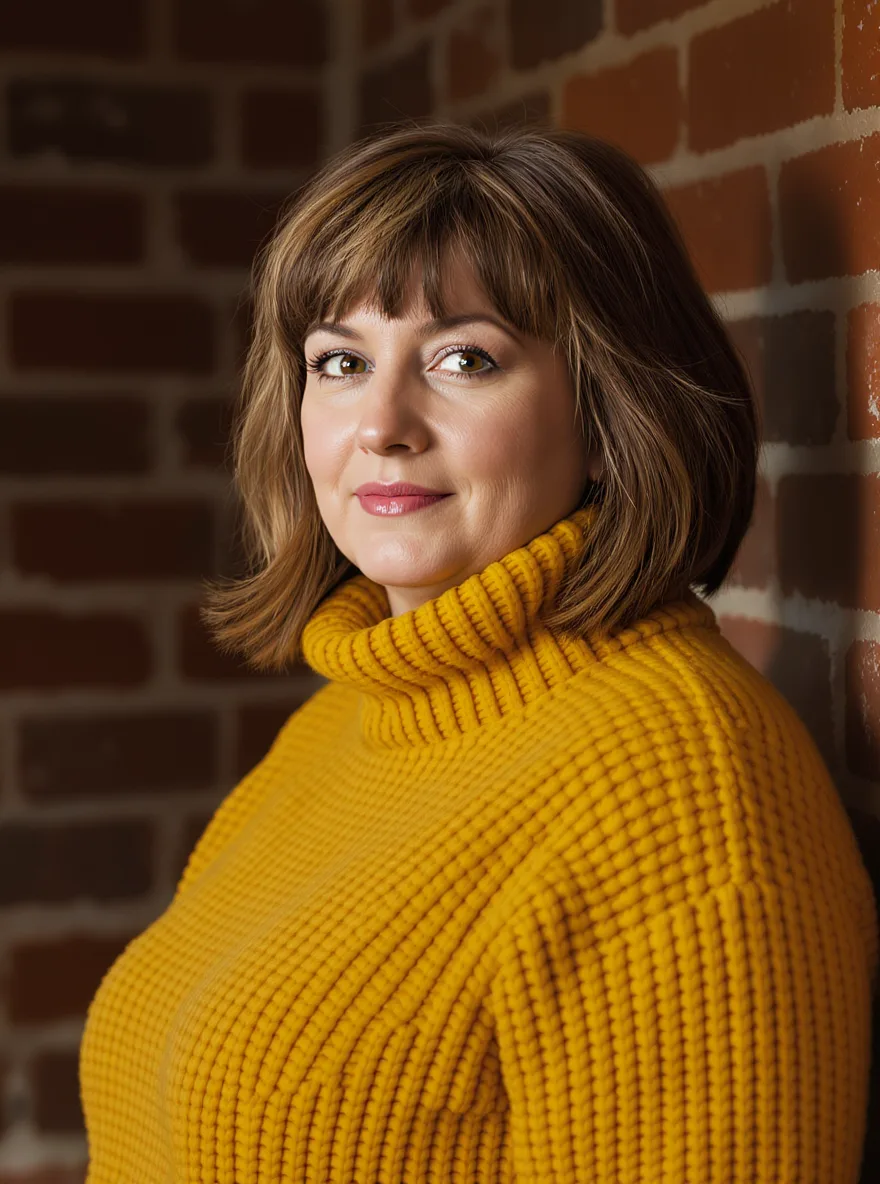 Warm Caramel Brown Bob with Blunt Bangs for Round Faces