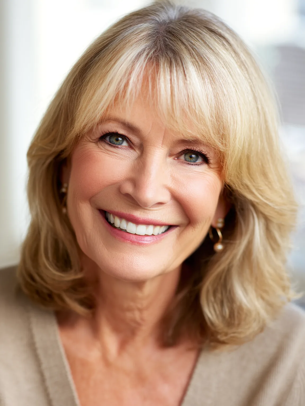 Shoulder-Length Sandy Blonde Bob with Wispy Bangs