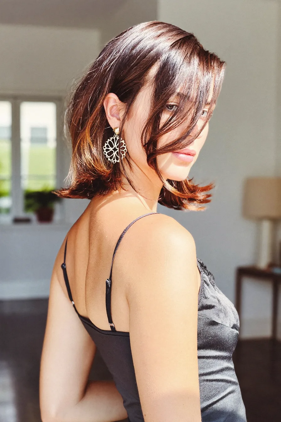 Glossy Straight Chocolate Brown Bob with Face-Framing Layers
