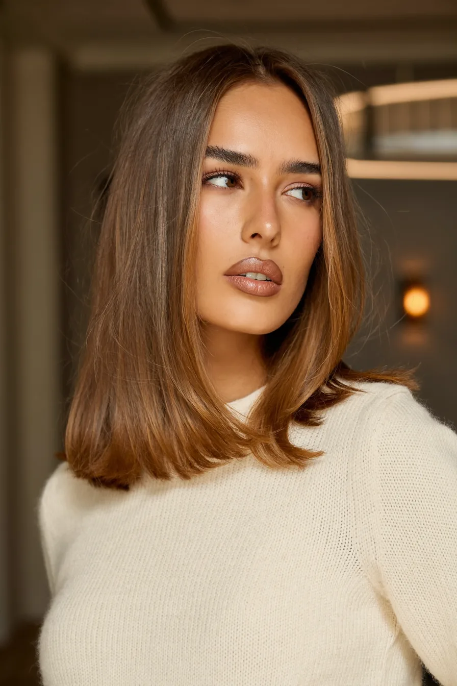 Sleek Center-Parted Medium-Length Straight Hairstyle for Sophisticated Charm