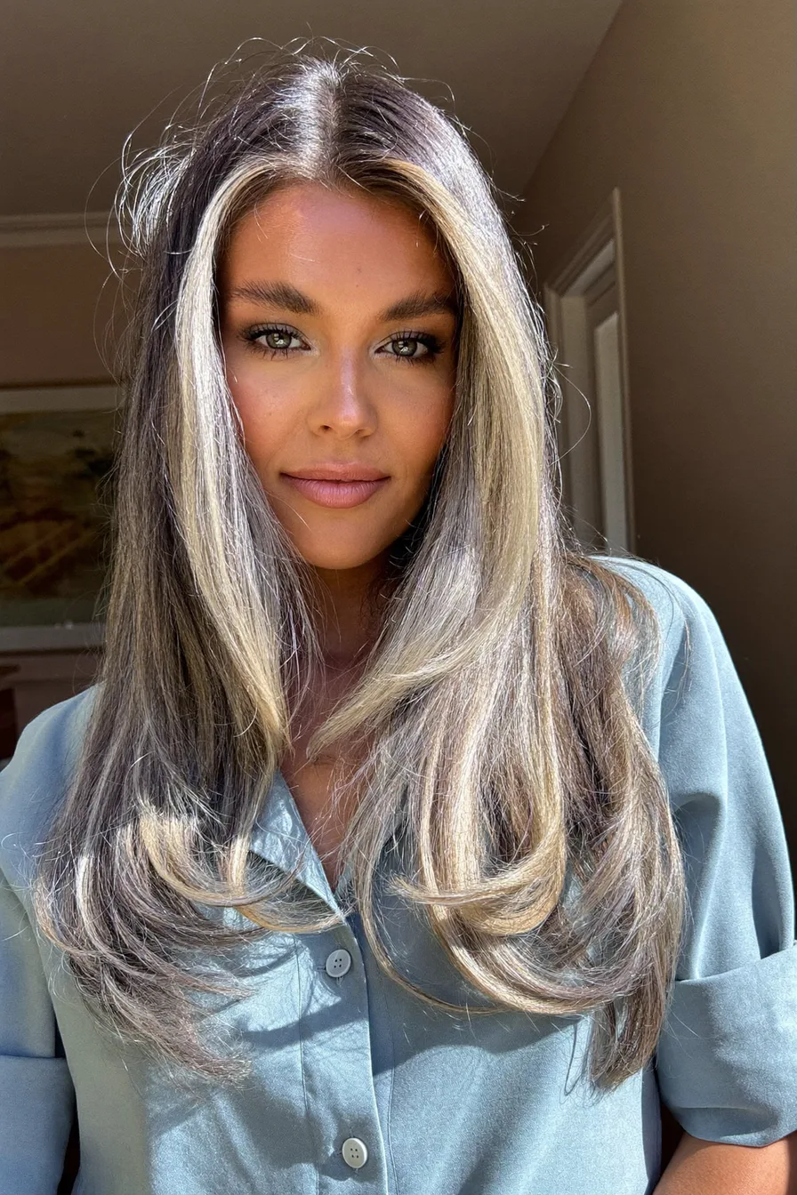 Face-Framing Layered Straight Hair with Blonde Highlights