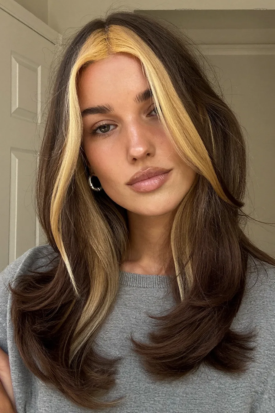Long Layered Straight Hair with Bold Blonde Face-Framing Highlights