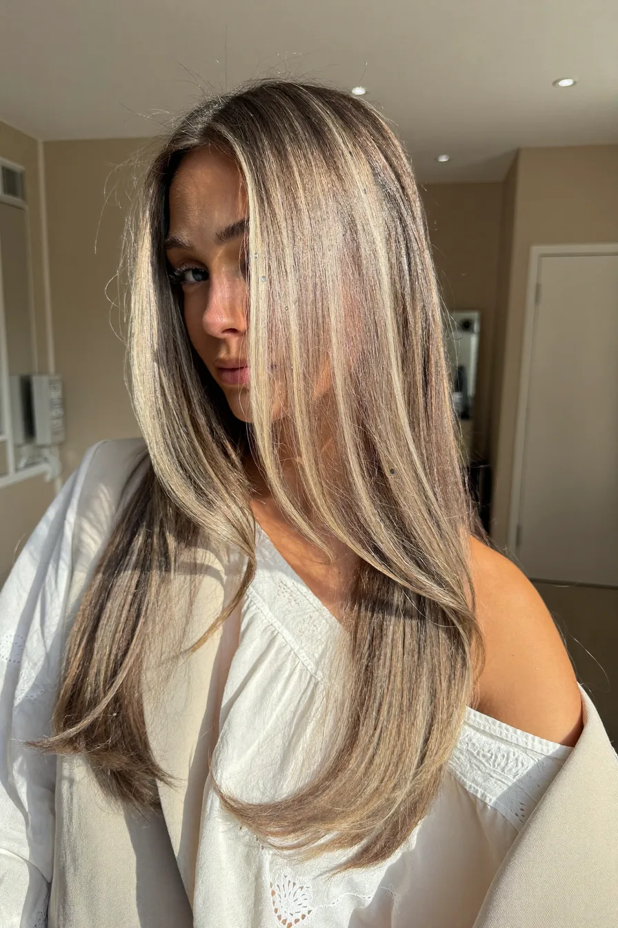 Sleek Long Layers with Face-Framing Highlights for Straight Hair