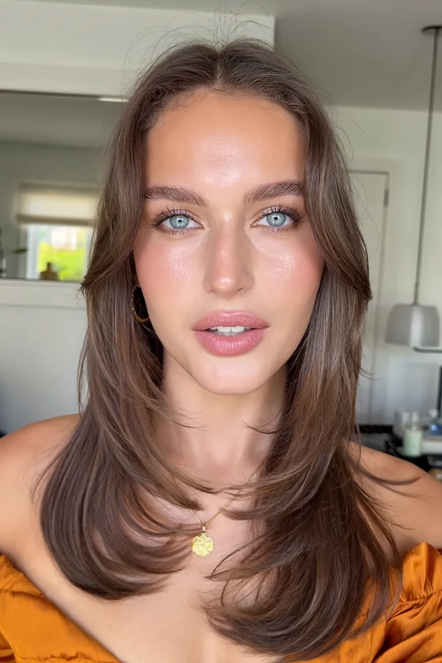 Center-Parted Face-Framing Layers with Polished Straight Finish
