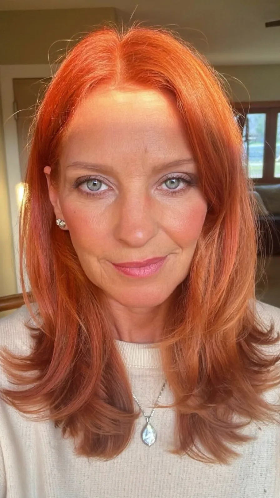 Vibrant Copper Medium-Length Long-Layered Classic Flowing Hairstyle
