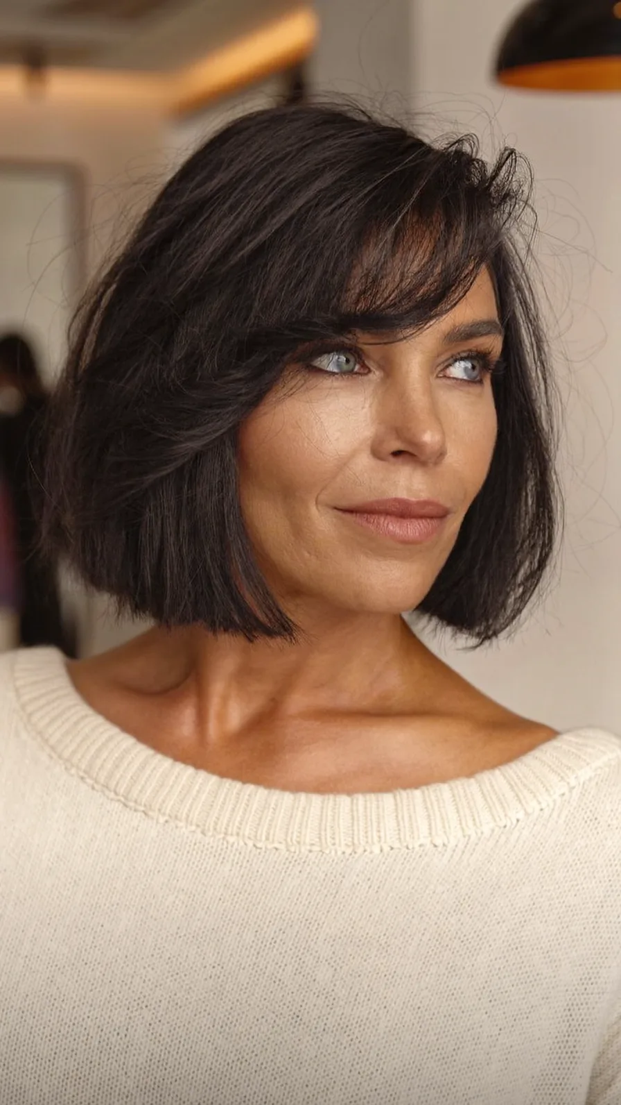 Sleek Chin-Length Blunt Bob with Side-Swept Bangs