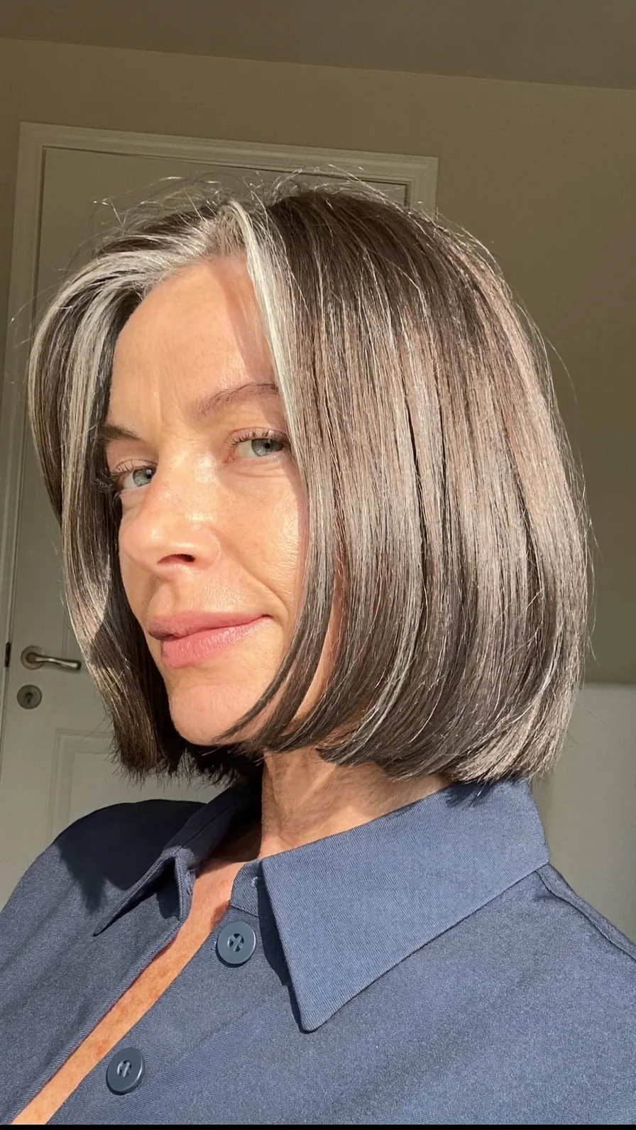 Sleek Chin-Length Bob with Soft Side-Swept Gray Highlights
