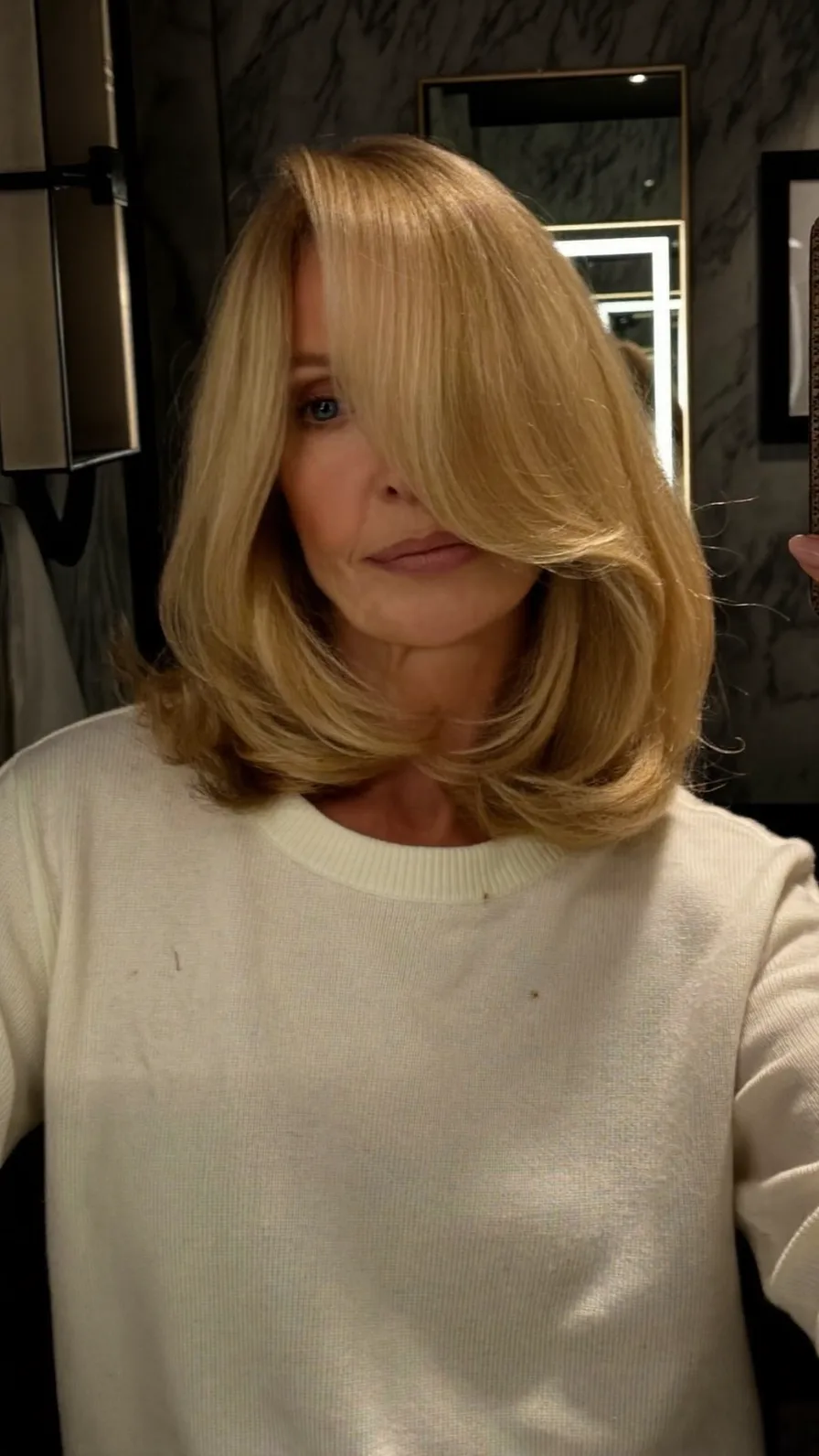 Voluminous Shoulder-Length Layers with Warm Honey Blonde Finish