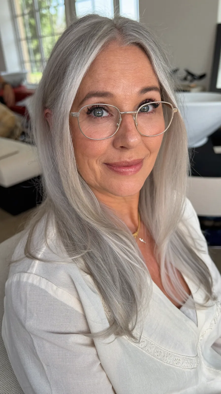 Elegant Long Silver Gray Hair with Soft Layered Finish
