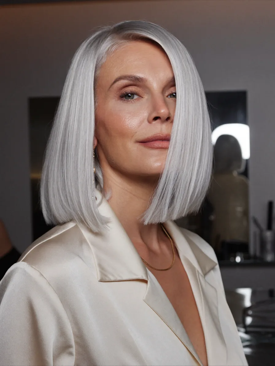 Sleek Platinum Silver Blunt Bob with Side Part
