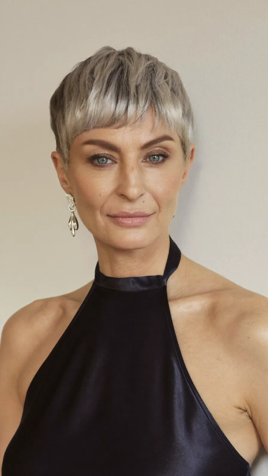 Textured Cool Ash Blonde Pixie with Blunt Bangs