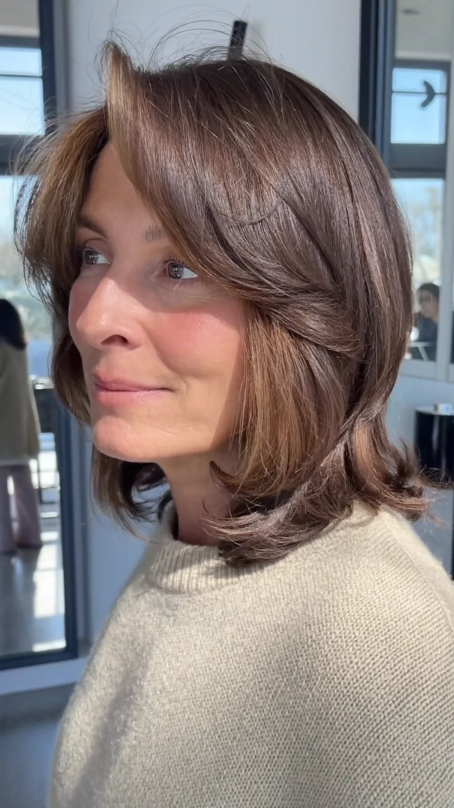 Classic Shoulder-Length Layered Hair with Curtain Bangs
