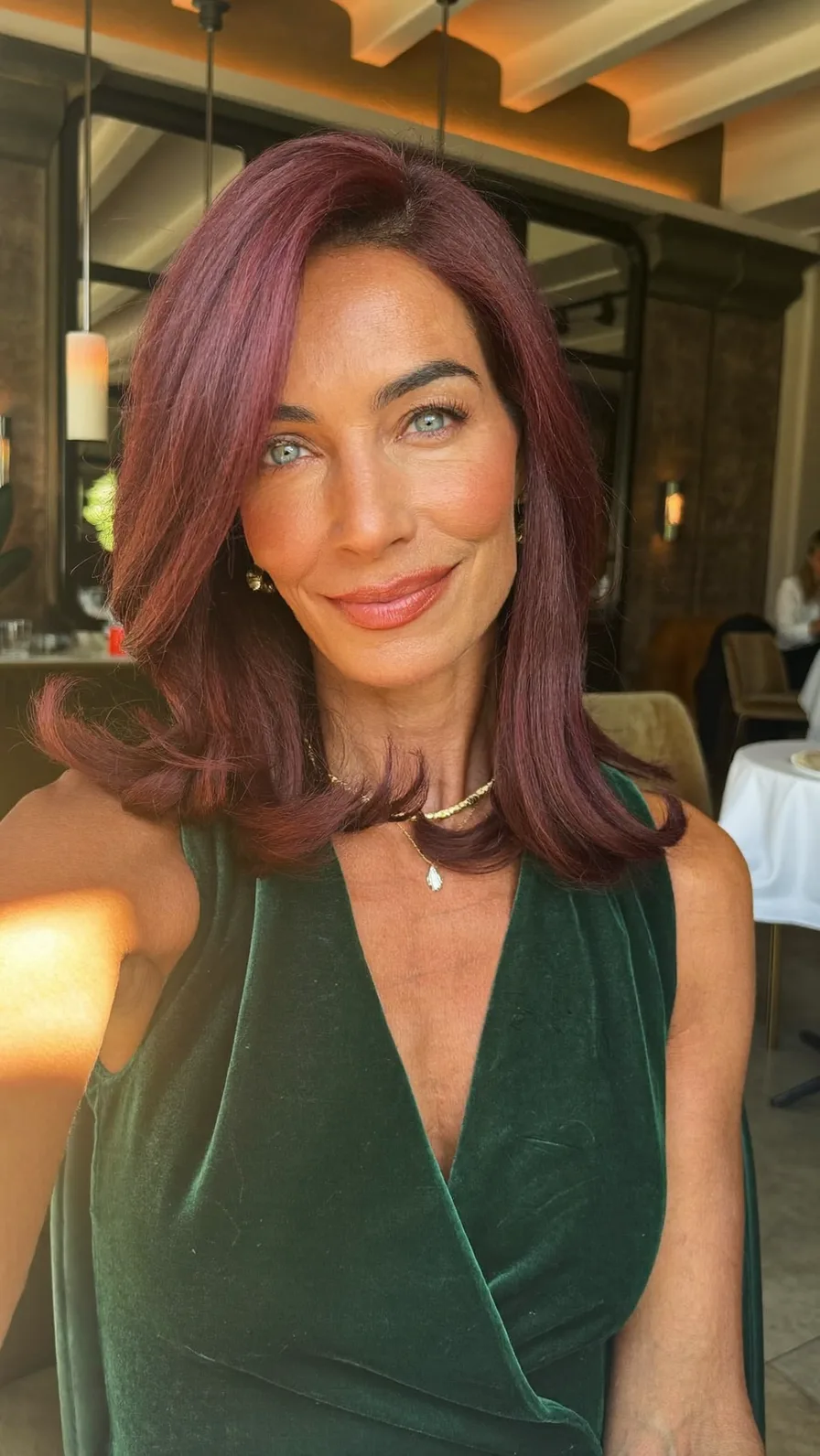 Elegant Shoulder-Length Deep Burgundy Long Layered Haircut