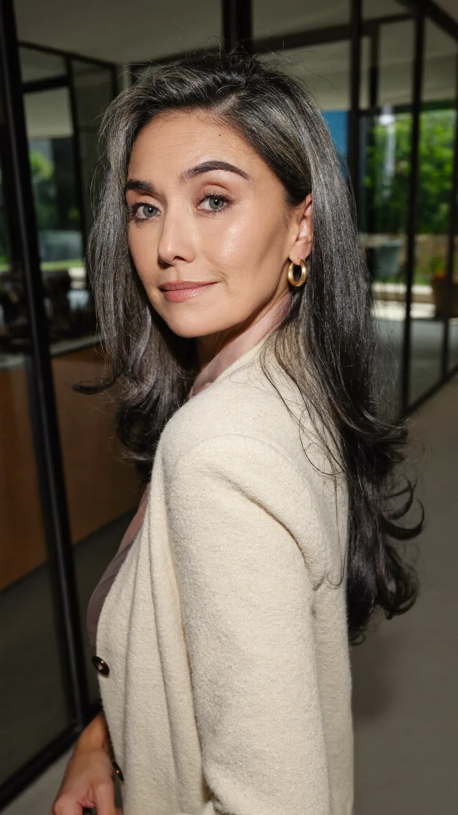 Elegant Long Layers with Natural Silver Highlights and Side Part