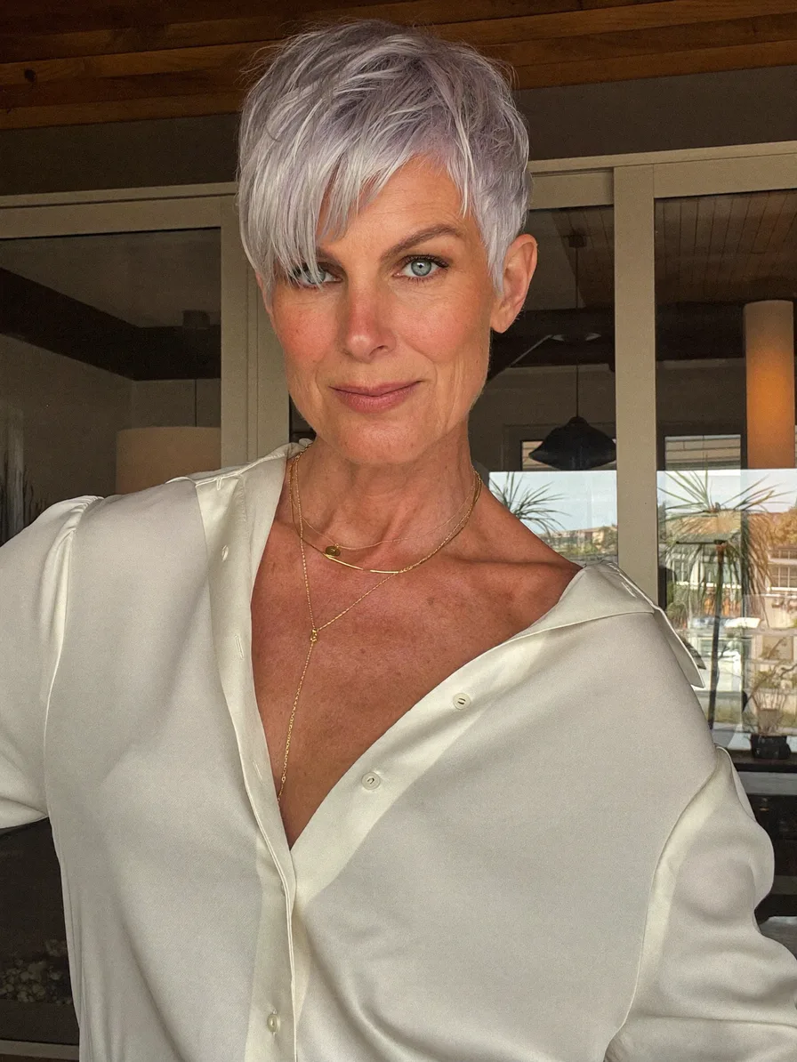 Textured Silver Pixie with Long Side-Swept Bangs