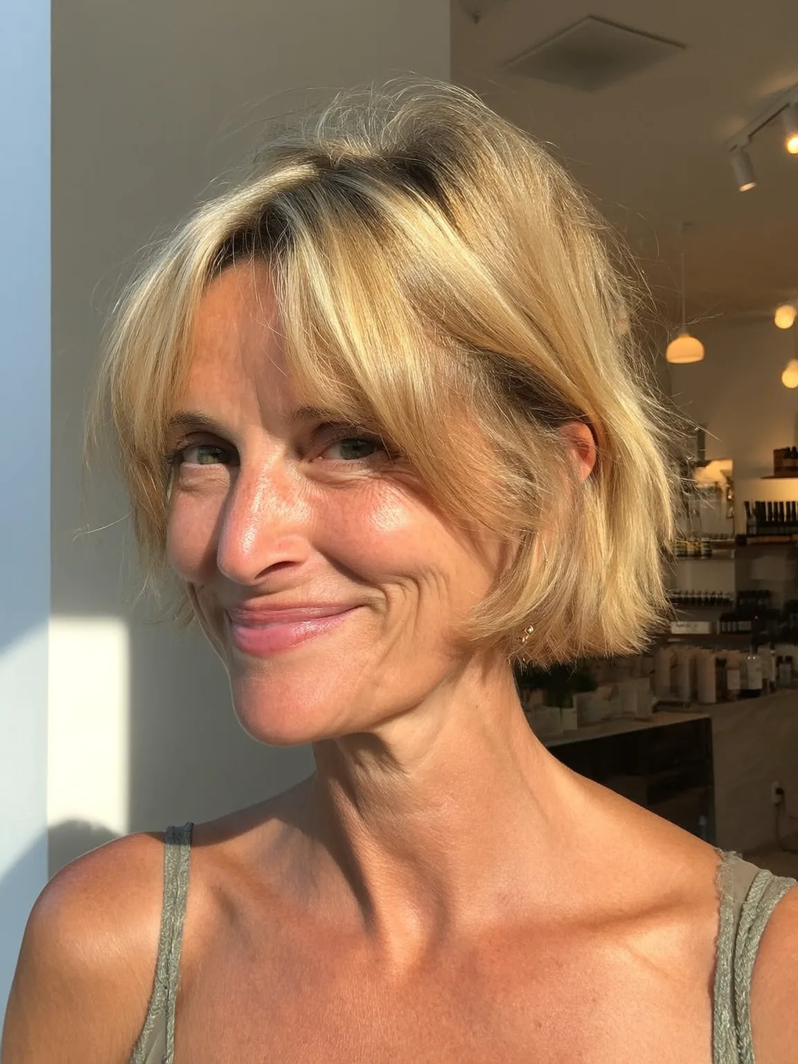 Chin-Length Sandy Blonde Bob with Side Bangs