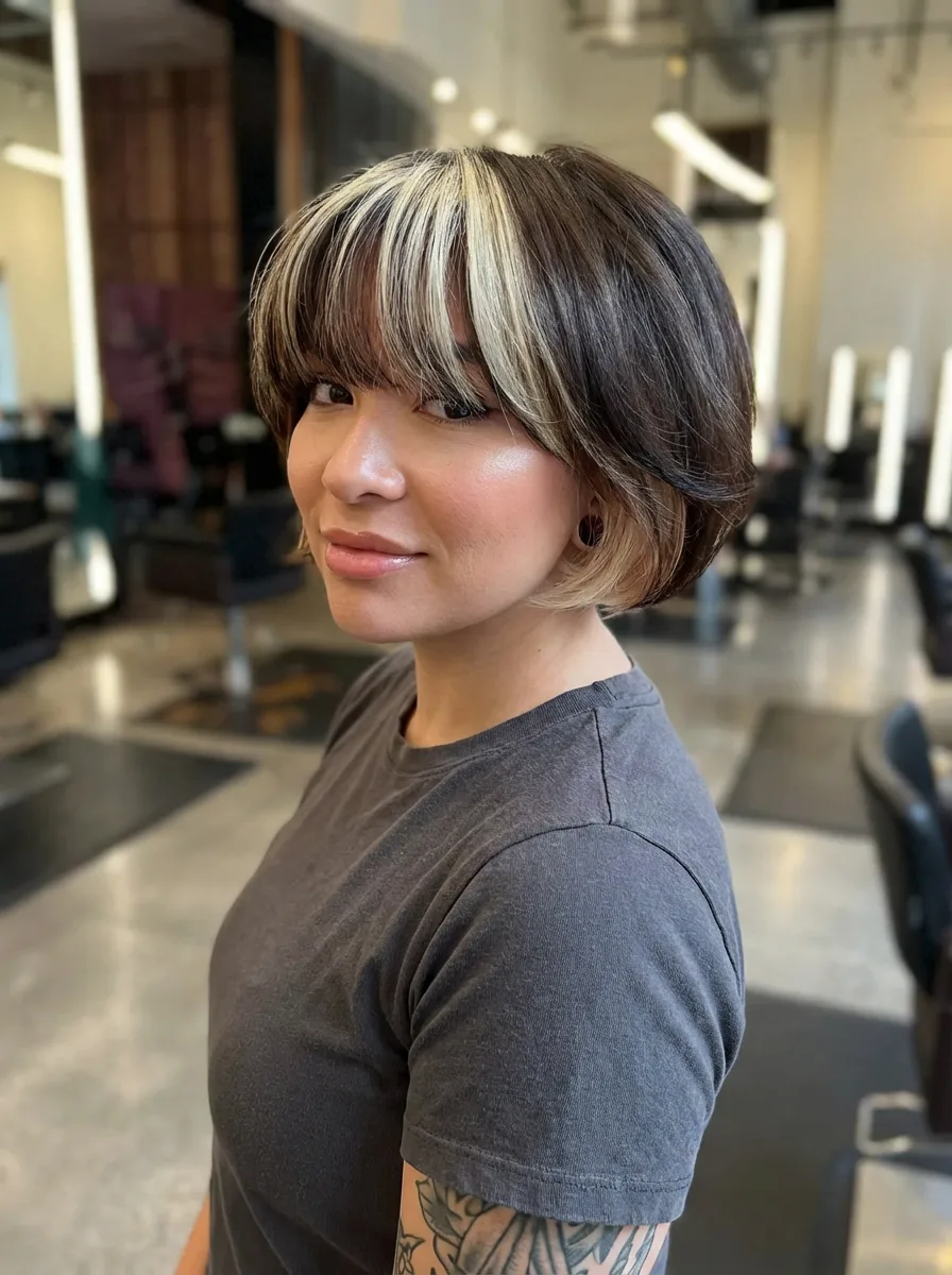 Chin-Length Ash Brown Bob with Platinum Highlights and Blunt Bangs