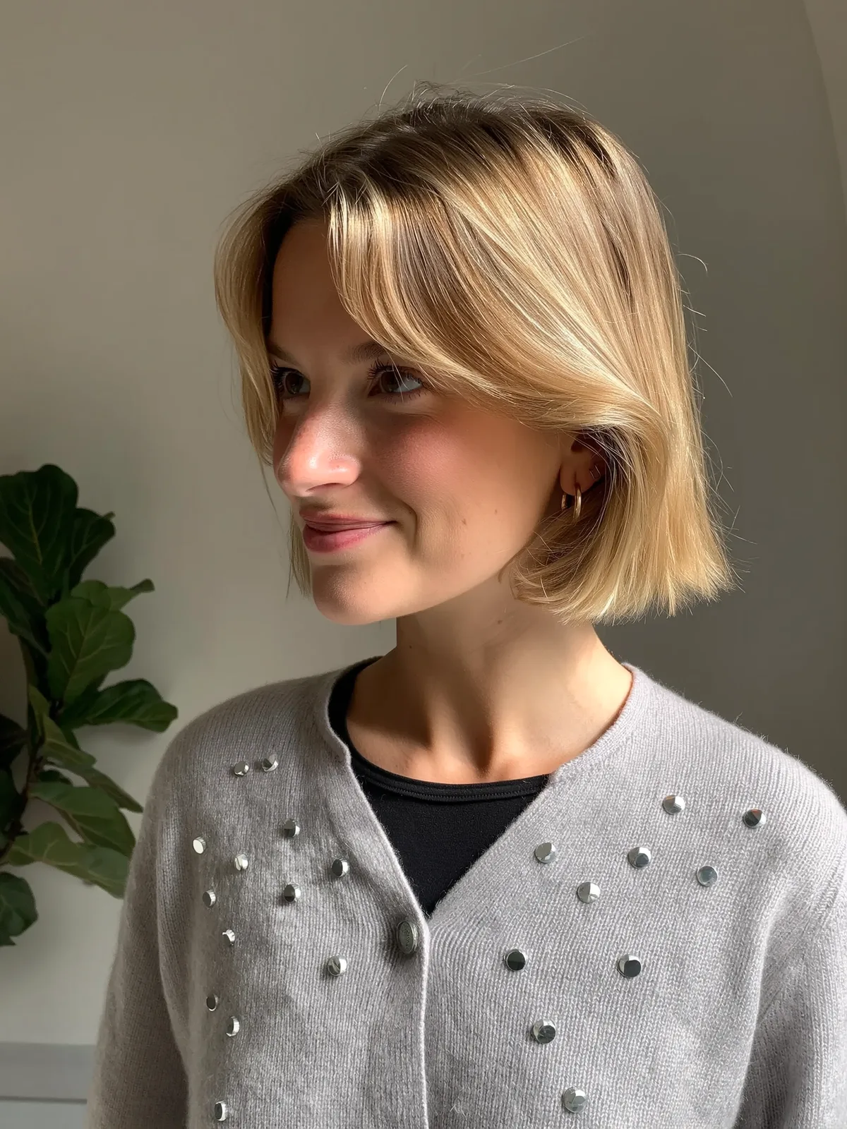 Honey Blonde Balayage Bob with Curtain Bangs