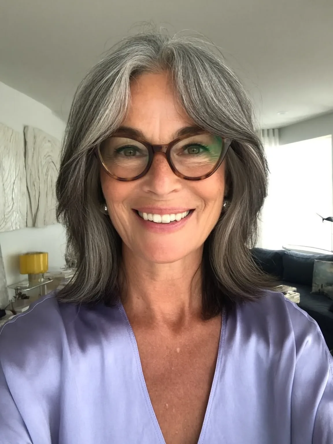 Shoulder-Length Silver Frost Layers with Curtain Bangs