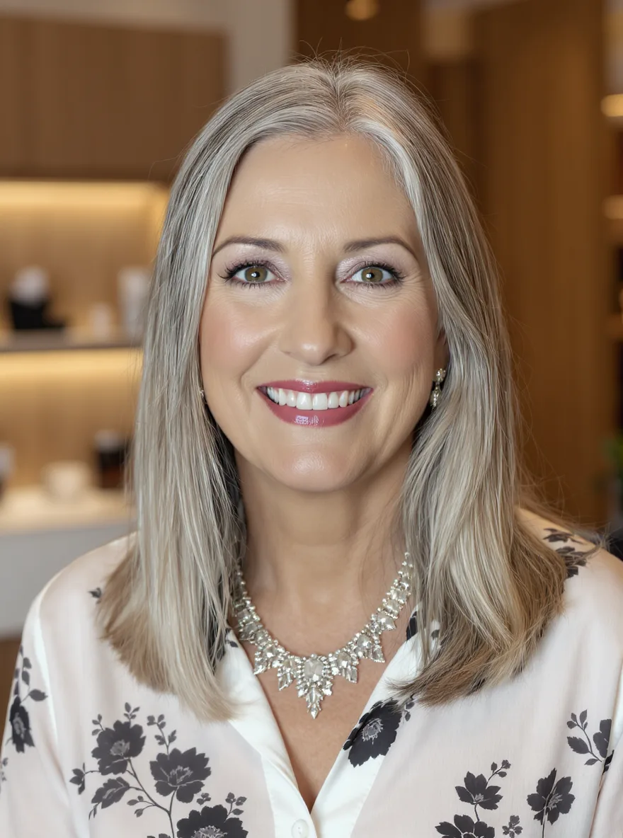 Shoulder-Length Silver Frost Lob with Sleek Finish
