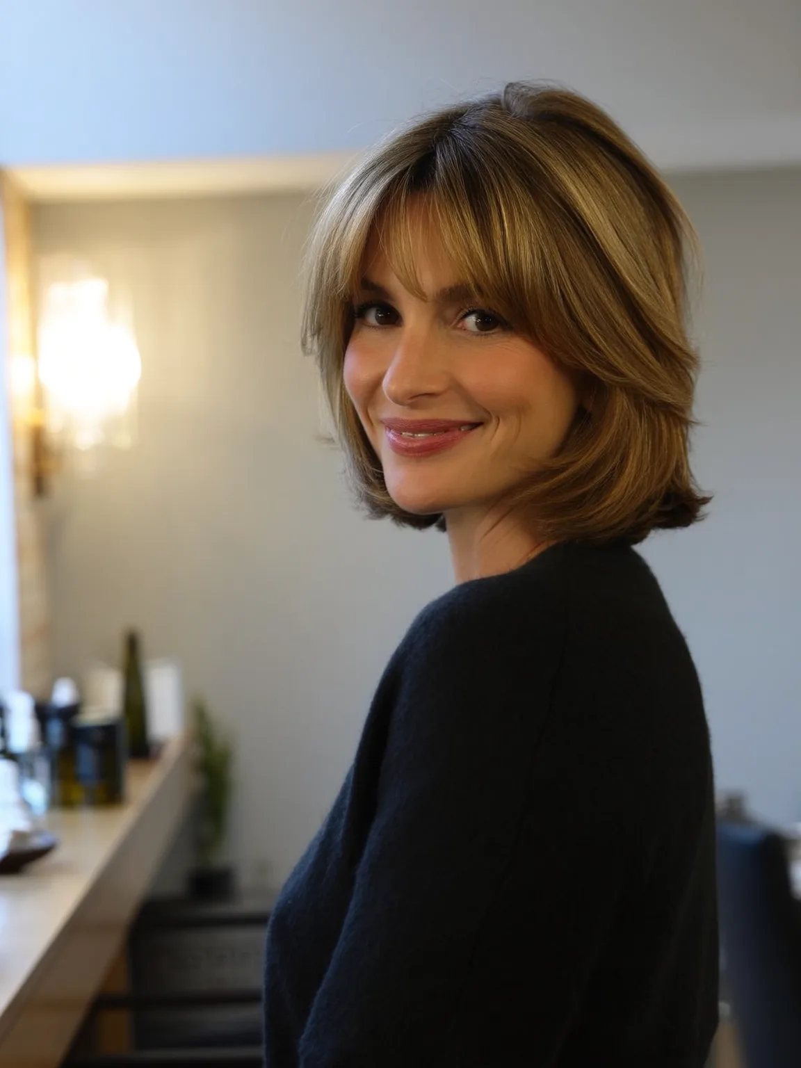 Warm Caramel Bob with Honey-Toned Curtain Bangs